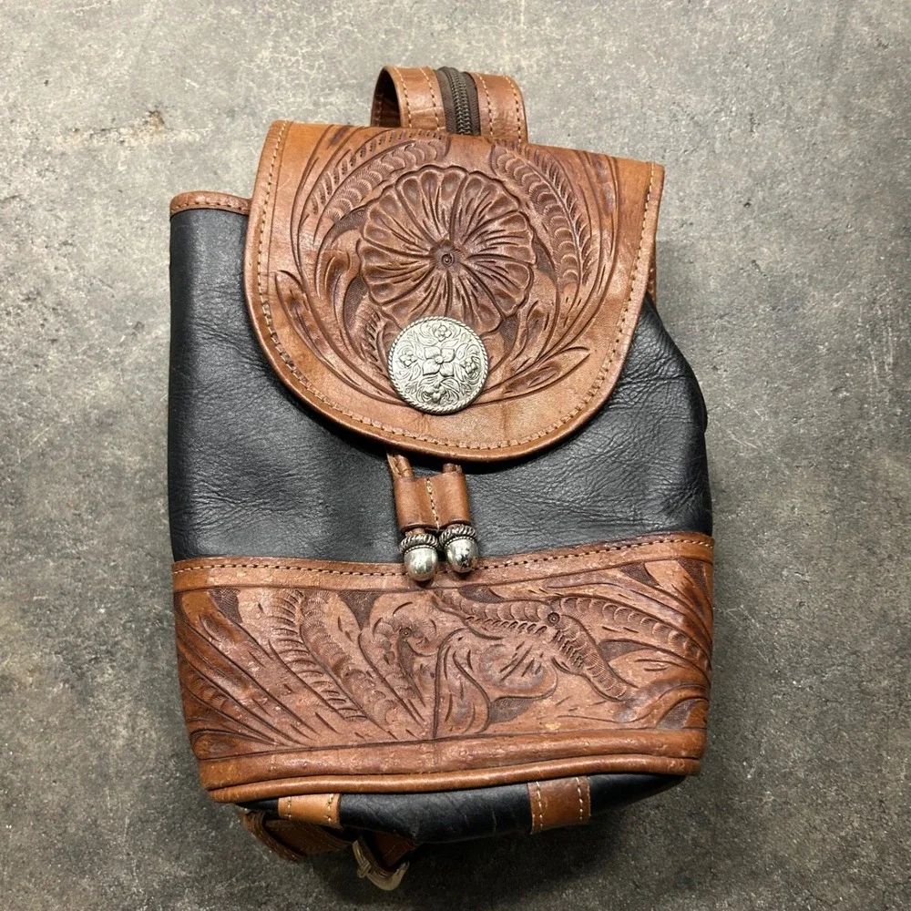Force Ten West Mini Backpack Womens Brown Black Hand Tooled Leather Western Boho